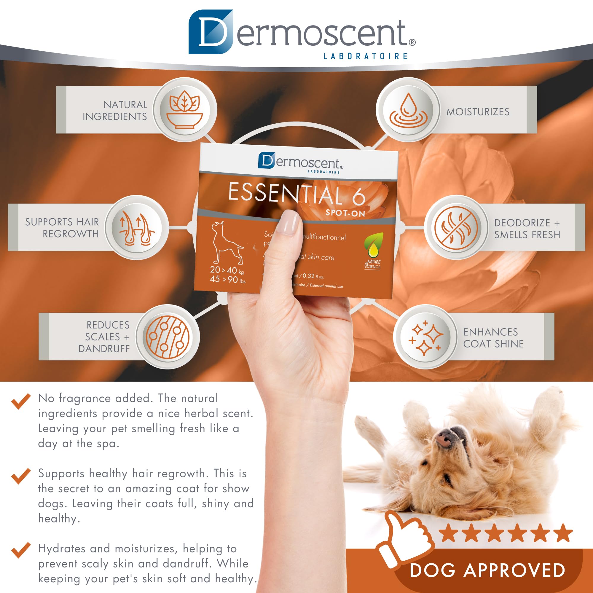 Vet-formulated Dermoscent Essential 6 spot-on for canine skin care.