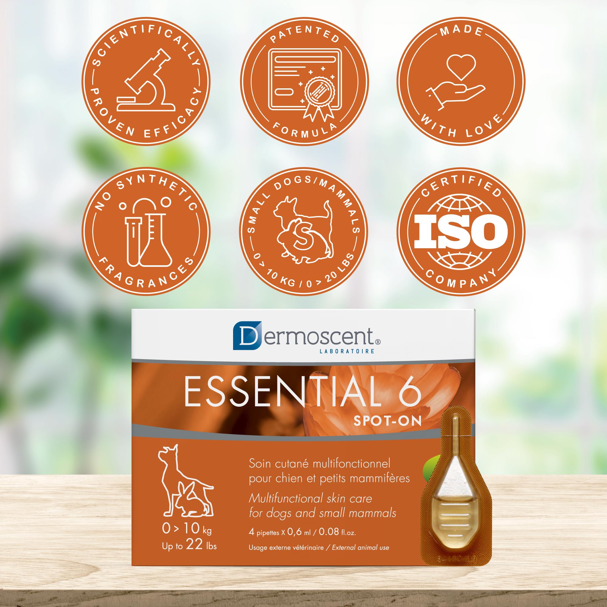 Dermoscent Essential 6 spot-on Vitamin E oil label detail for skin health.