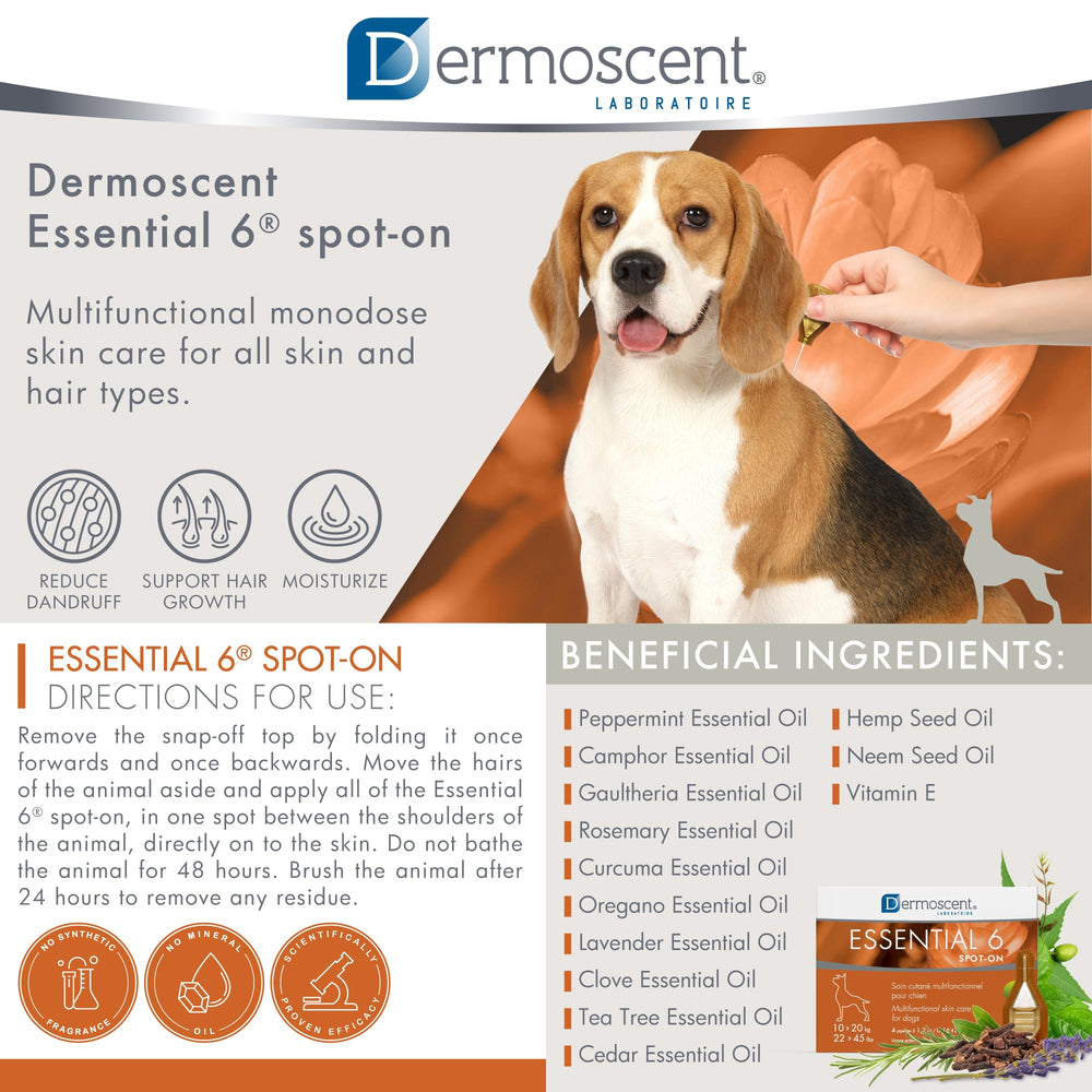 Dermoscent Essential 6 vitamin E oil close-up highlights nourishing properties.
