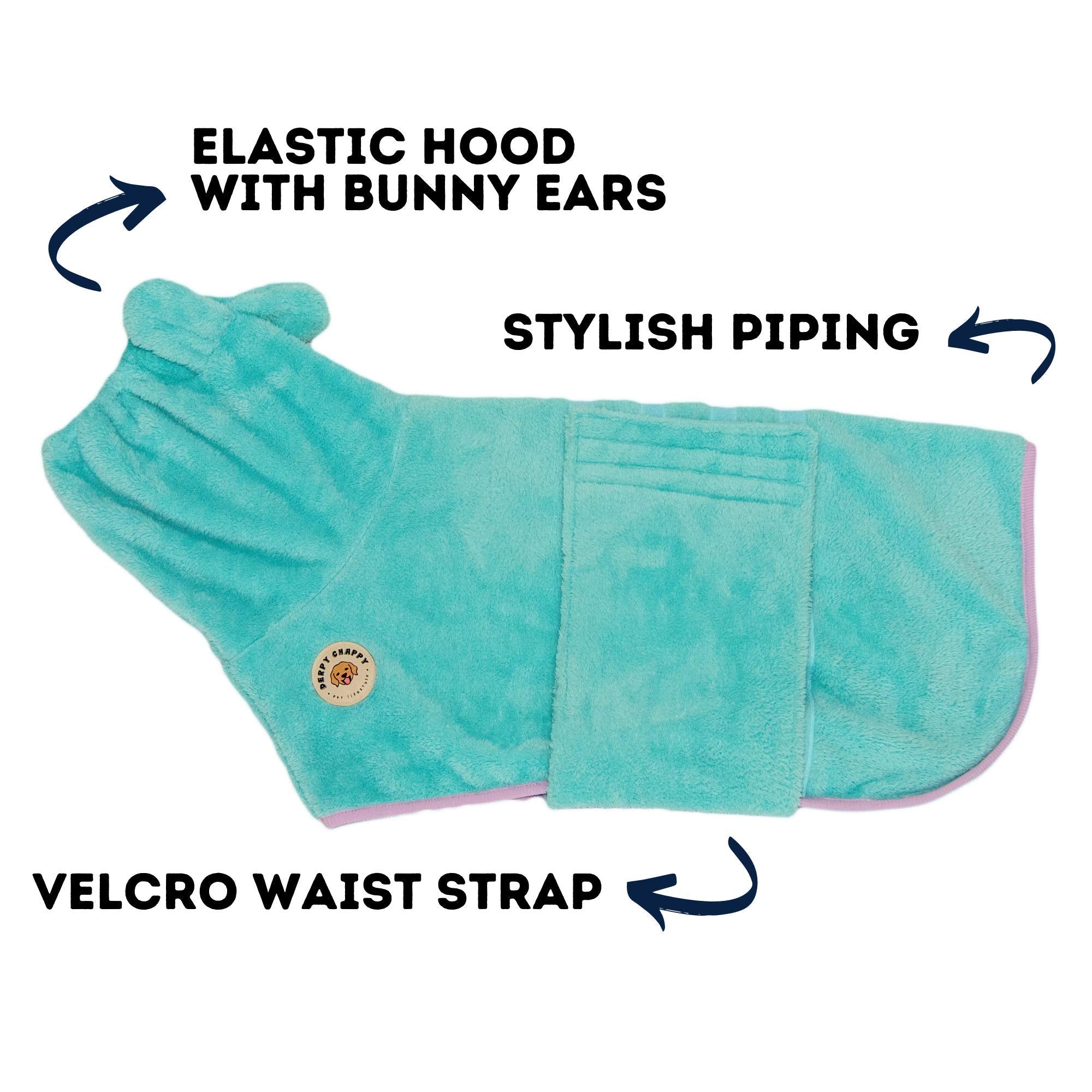 DERPYCHAPPY premium dog towel robe mess-free solution limits drips and soggy floors.