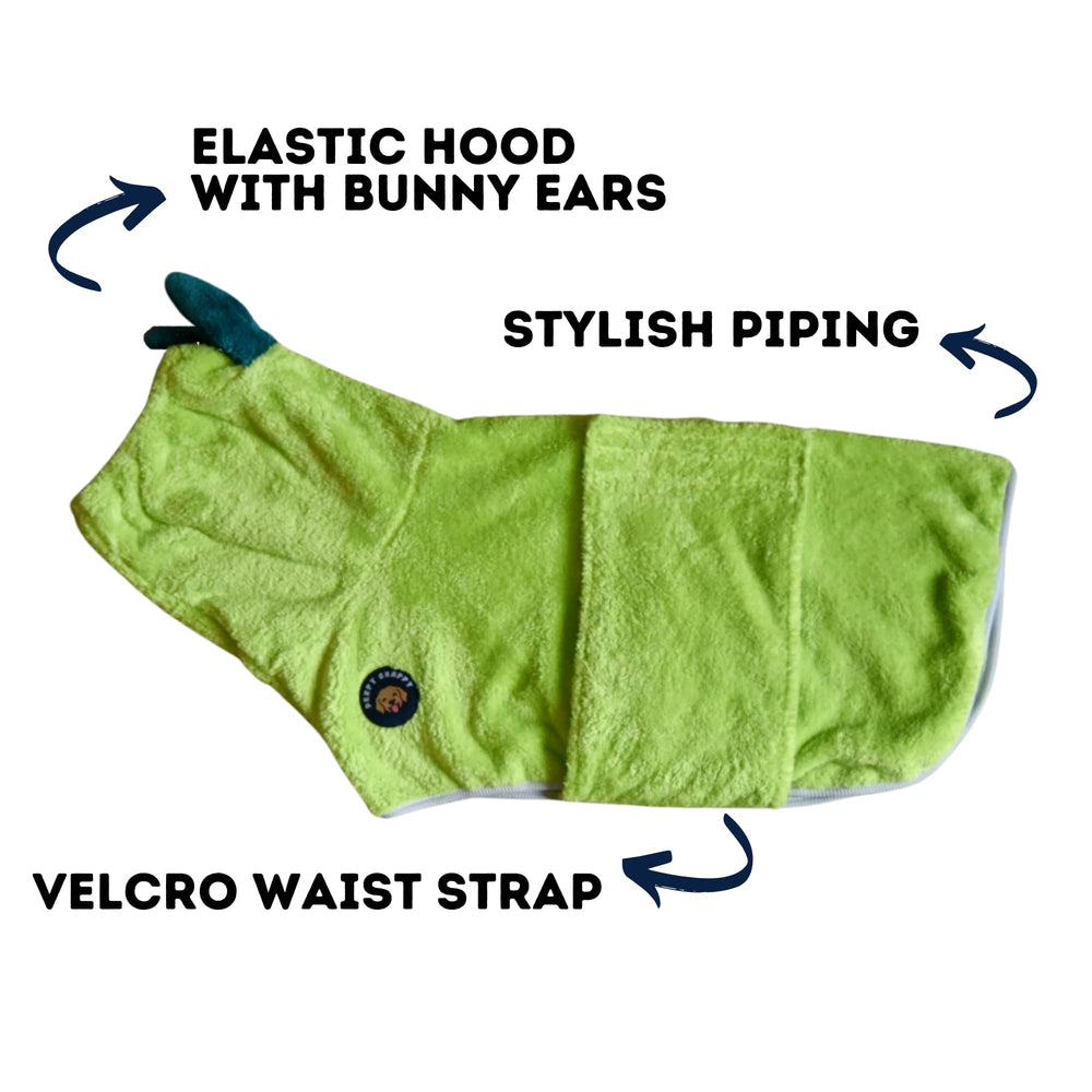 DERPYCHAPPY quick-dry dog robe reduces chill and shake time after baths.