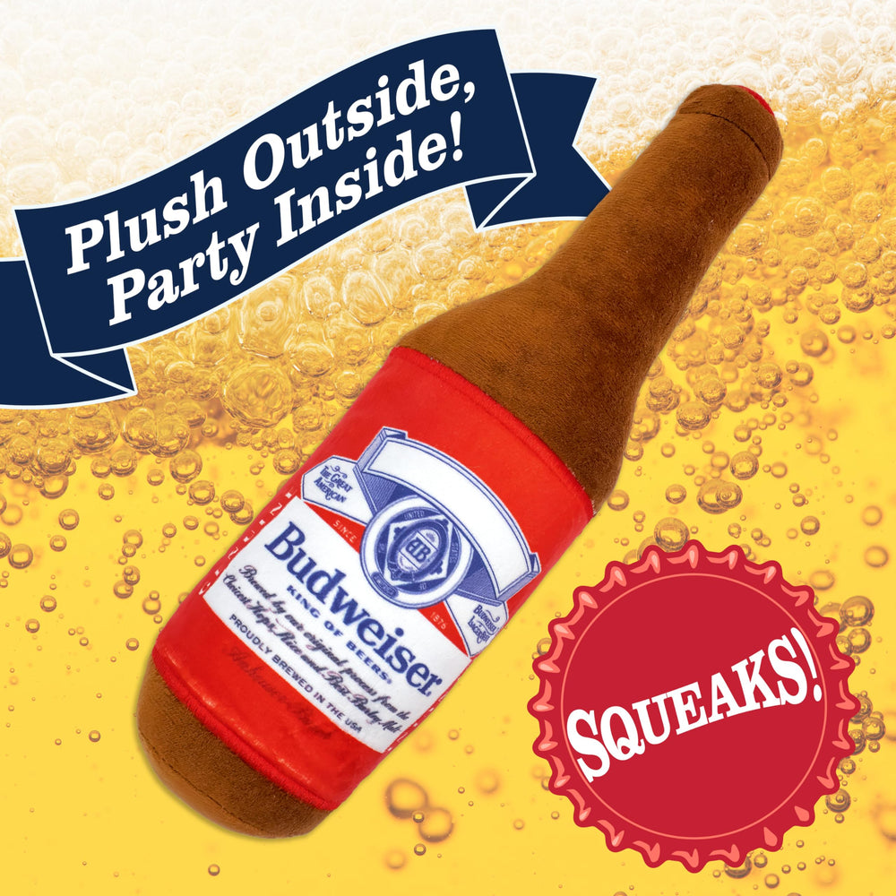design LAB, Inc. Budweiser beer bottle toy squeaker boosts interactive playtime.