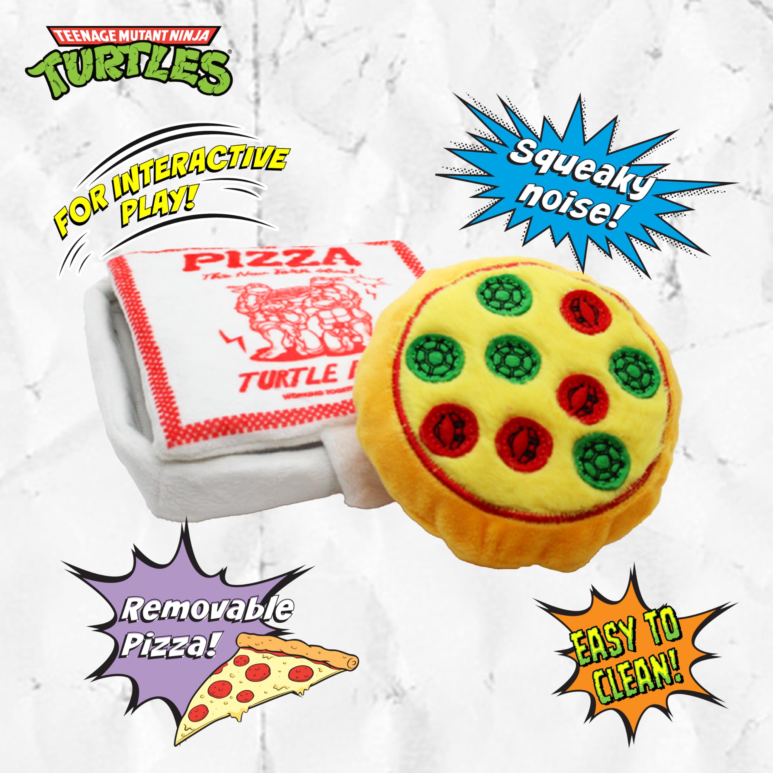 design LAB, Inc. TMNT pizza box open reveal shows squeaker for engaging fetch and playful training.