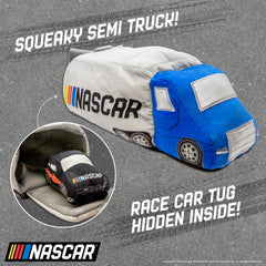 design LAB NASCAR official toy truck open cab—reveals plush race car for interactive play