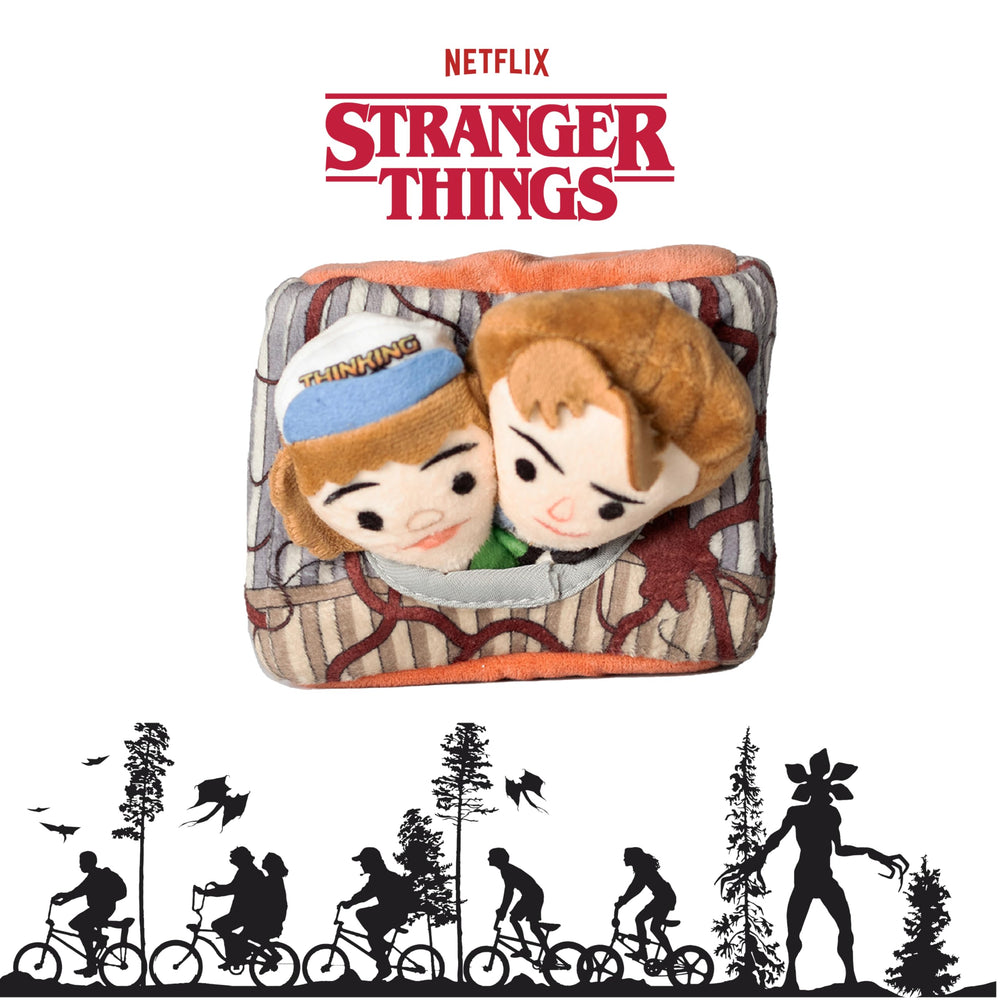 Design LAB Stranger Things indoor-play scene featuring nesting plush toys for enrichment.