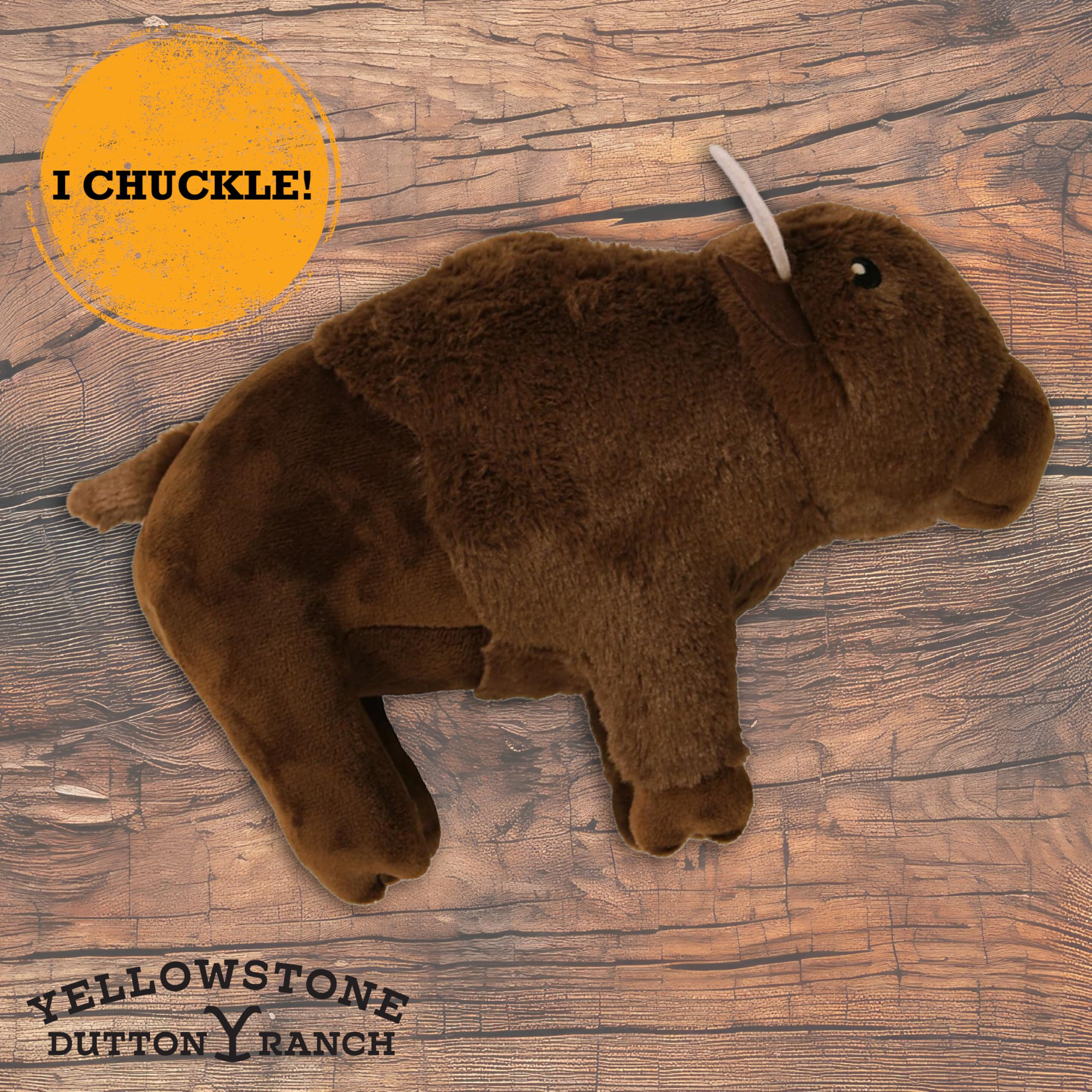 design LAB Yellowstone bison plush toy closeup—squeak enhances interactive fetch