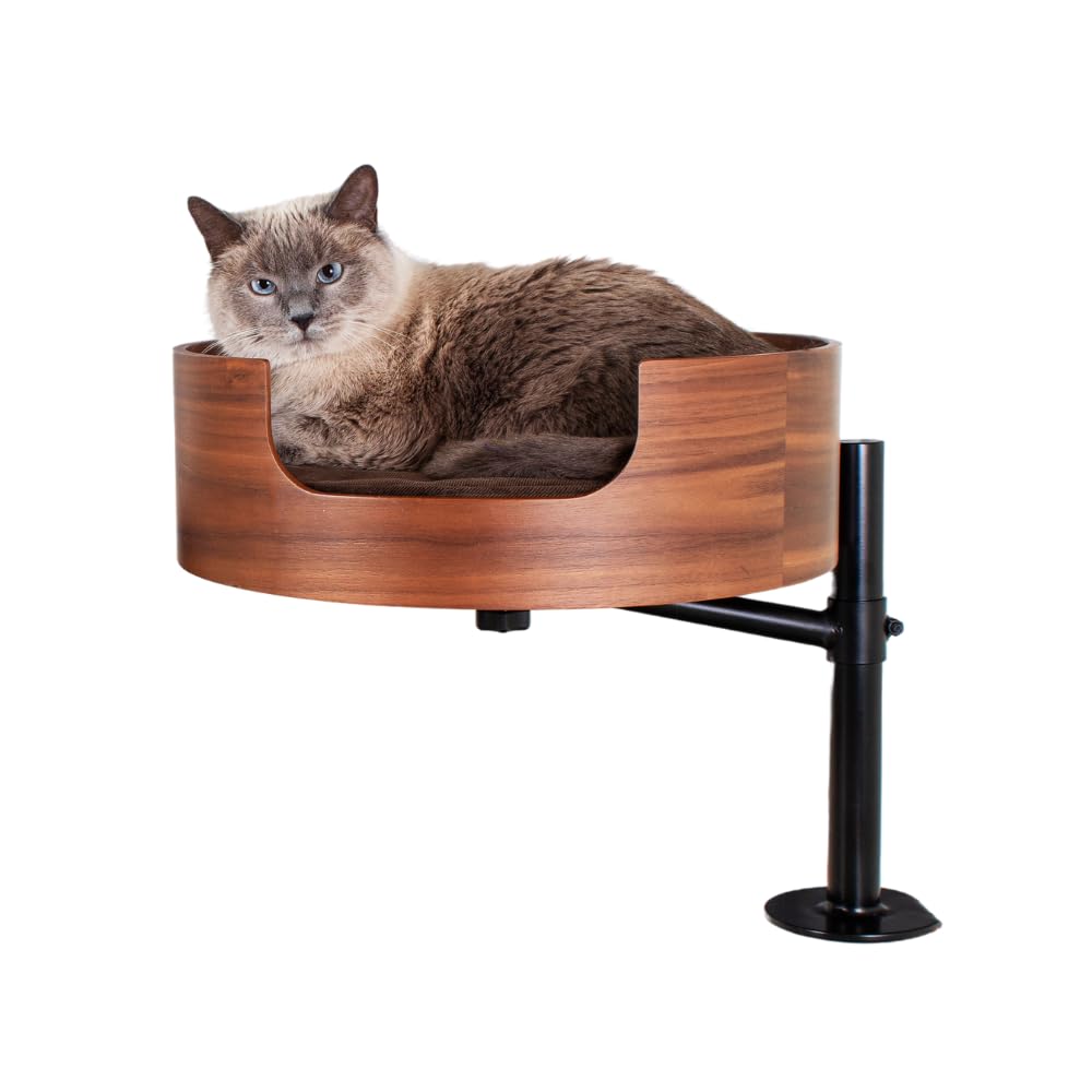 Desk Nest Cat Bed elevated-view showcases tidy workspace with feline companion nearby.