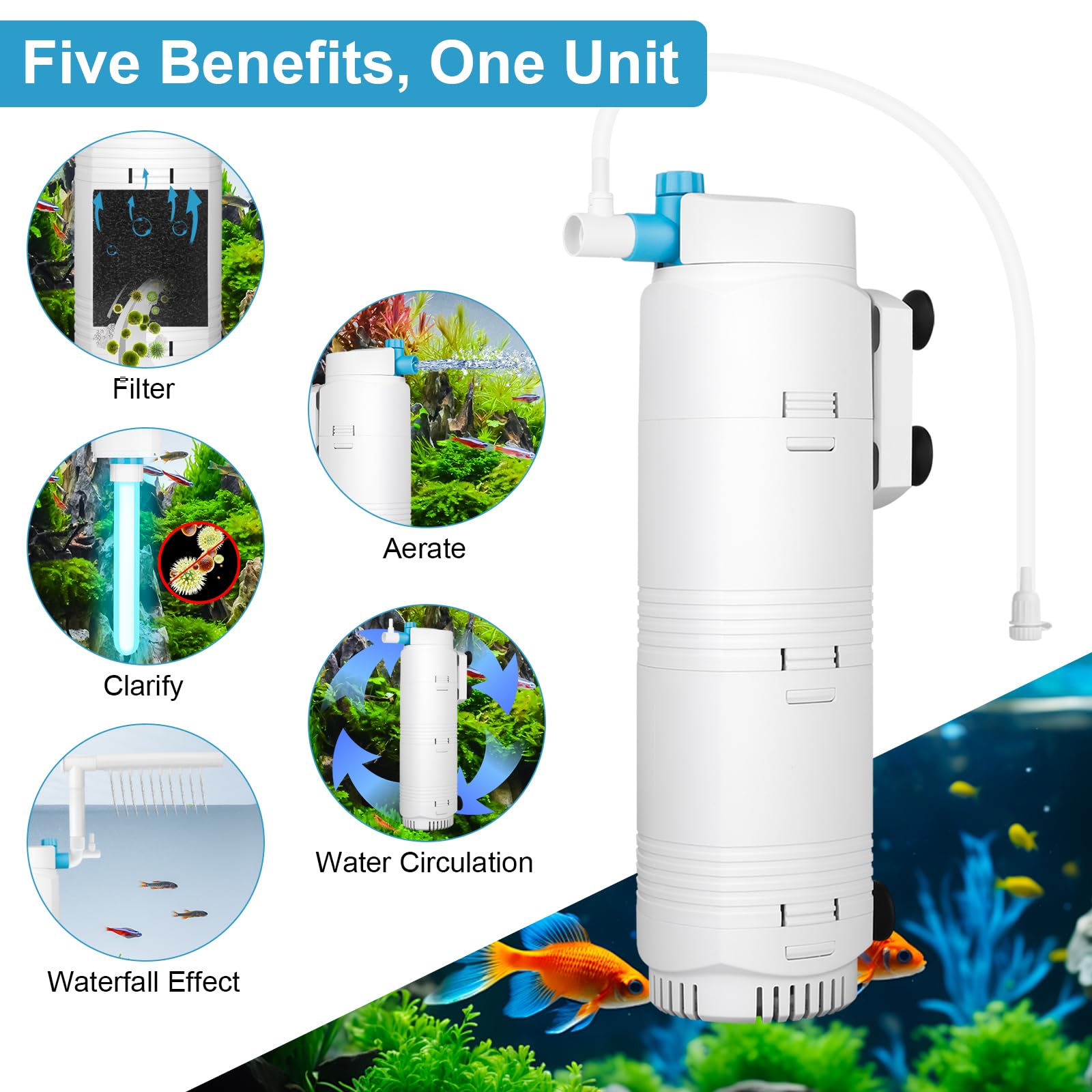 DESUMG submersible filter mounts securely with suction cups for versatile placement.