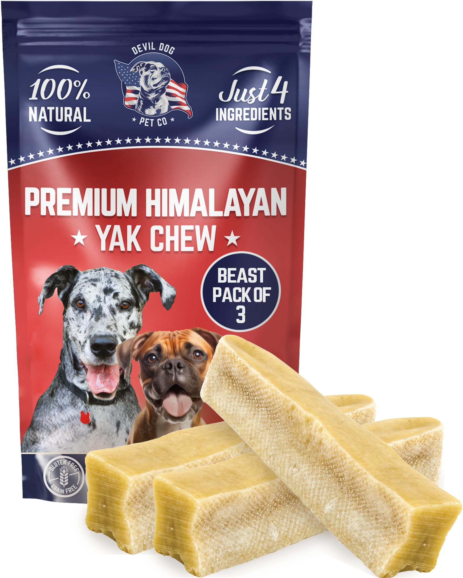 Devil Dog Beasts yak chews front pack, 3-pack, long-lasting snack for strong chewers.