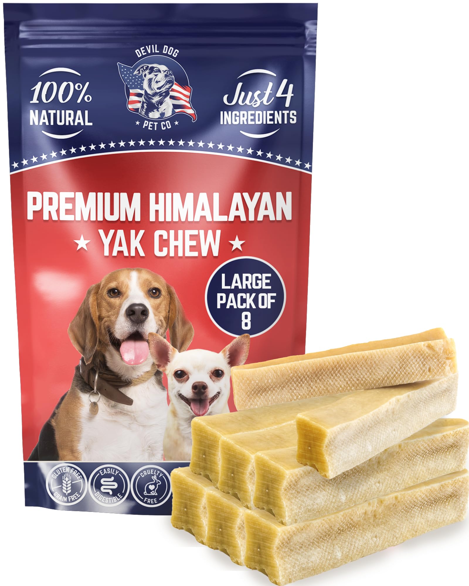Devil Dog Pet Co Himalayan yak chews 8-pack front view shows durable, long-lasting treats.