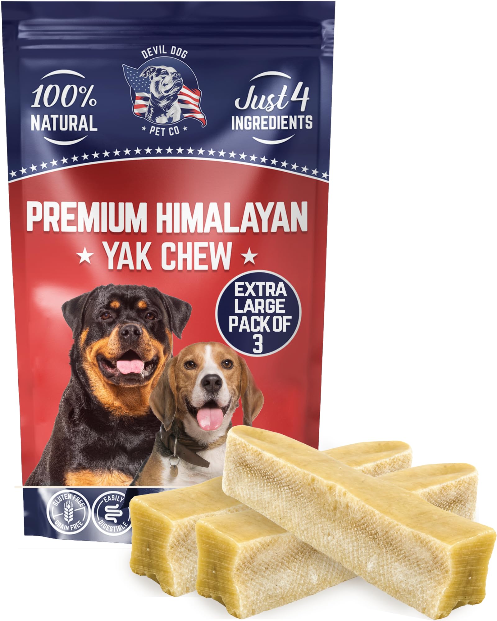 Devil Dog Pet Co Himalayan yak chews extra-large pack closeup highlighting a strong, long-lasting chew for active dogs.