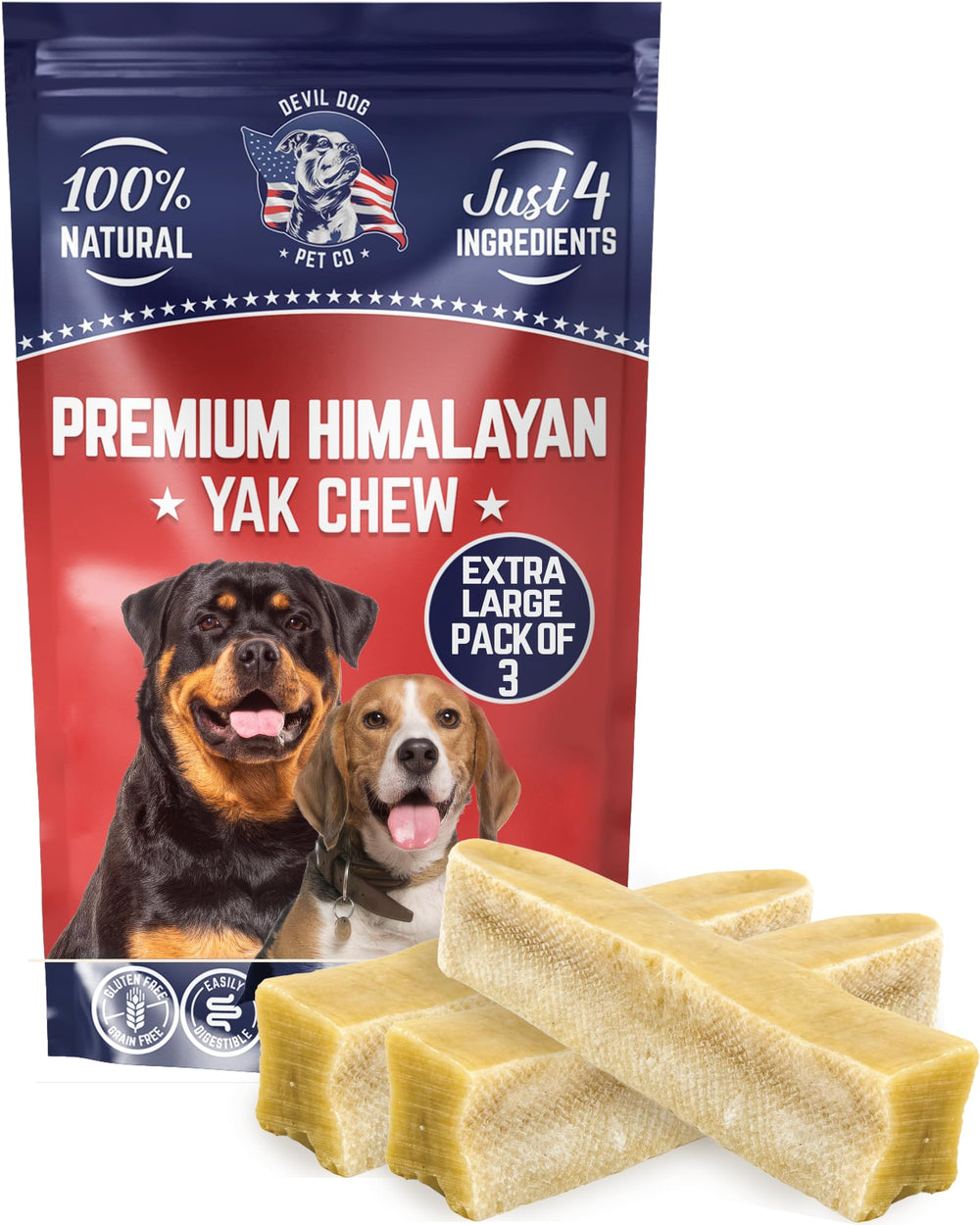 Devil Dog Pet Co Himalayan yak chews extra-large pack closeup highlighting a strong, long-lasting chew for active dogs.