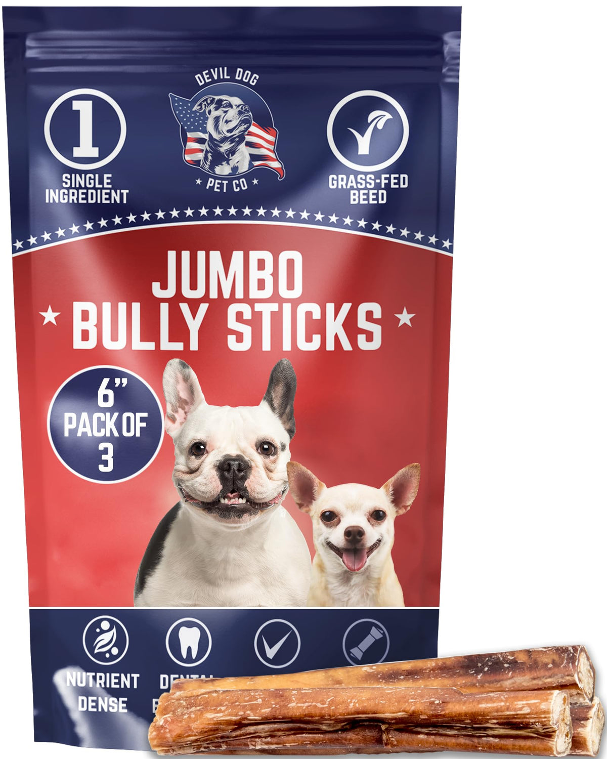 Devil Dog Pet Co jumbo bully sticks 6in pack-3 provide long-lasting entertainment for dogs