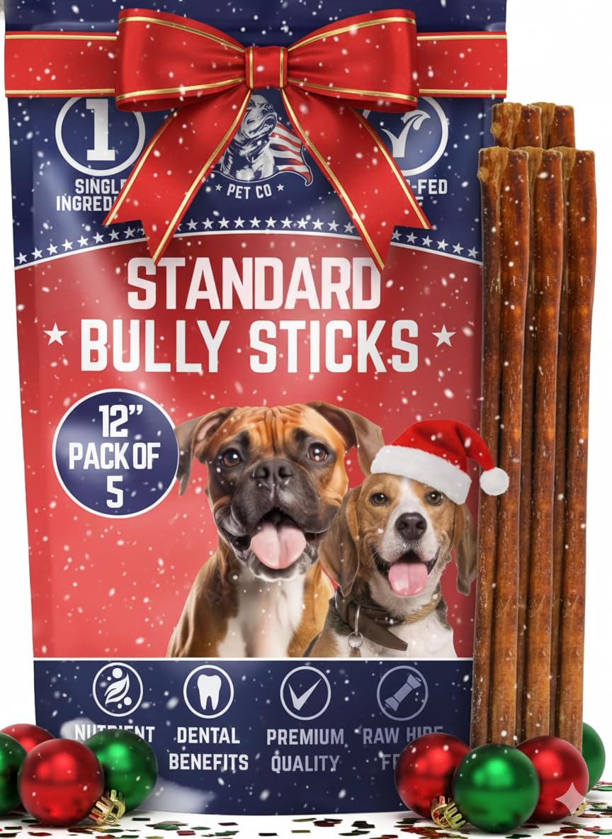 Devil Dog Pet Co. Bully Sticks 12-inch five-pack for long-lasting dog chews.
