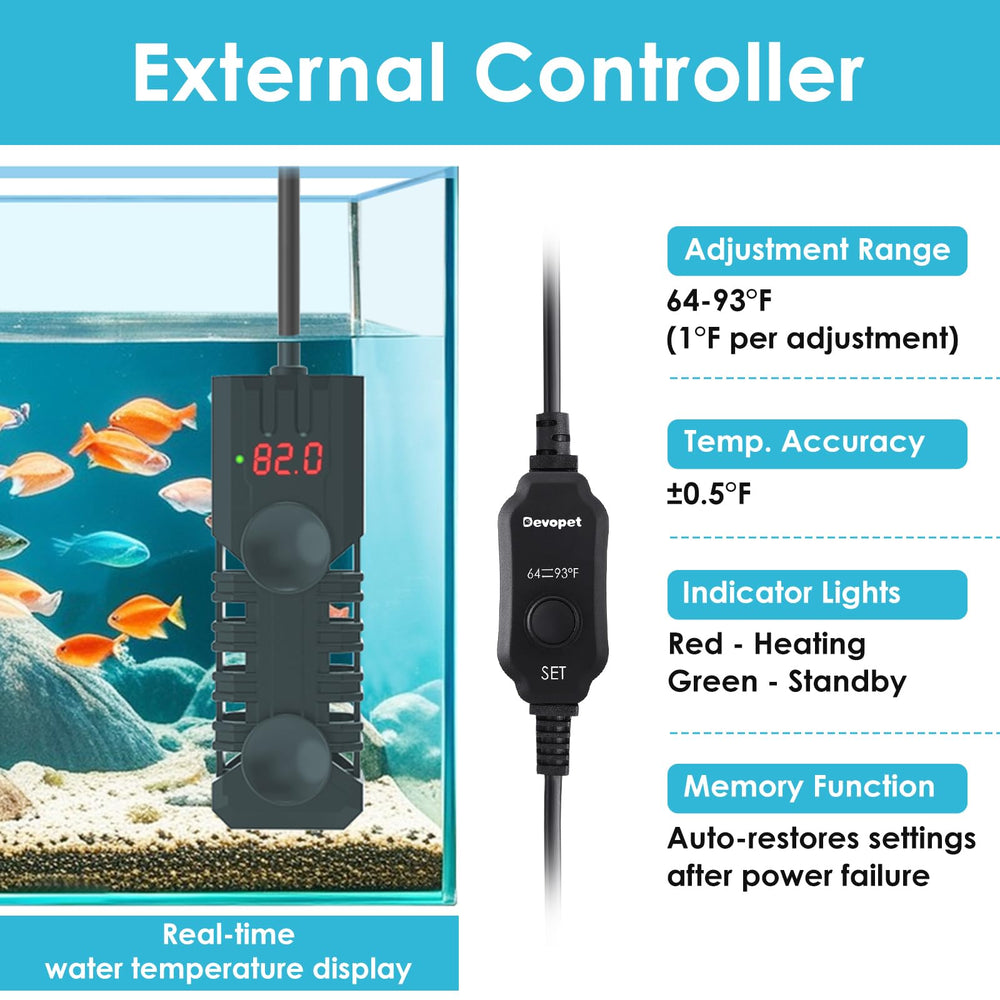 Devopet 100W heater external controller shows 1°F steps for precise control.