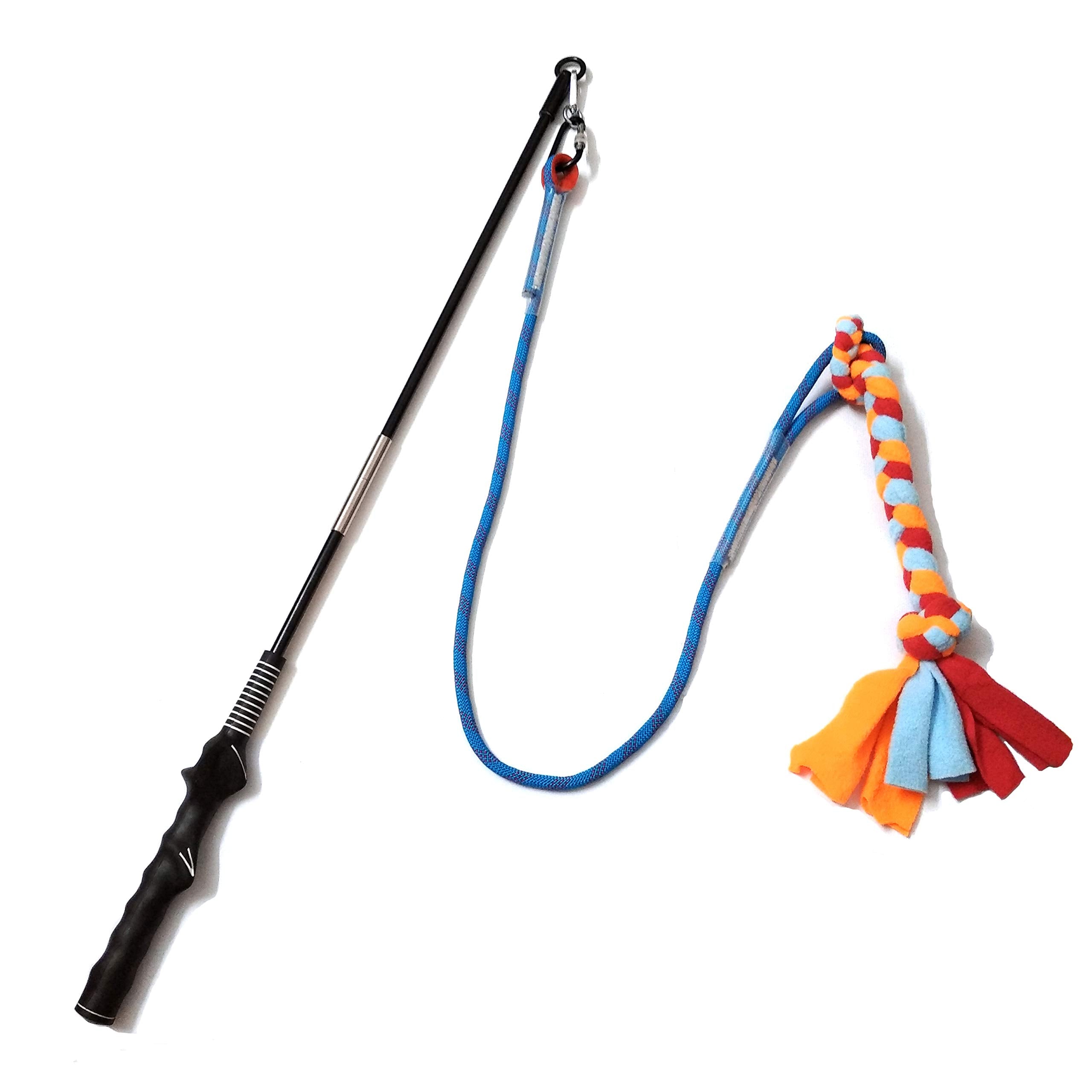 Dewonch Flirt Pole 35in blue in-use boosts exercise through chase and tug sessions.