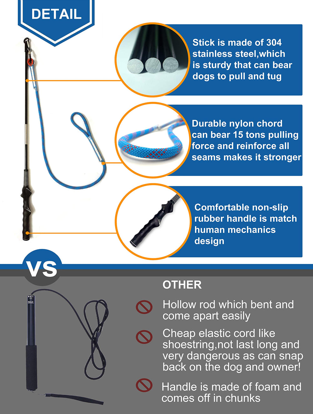 Dewonch Flirt Pole nylon cord closeup shows strong pull and safety-conscious design.