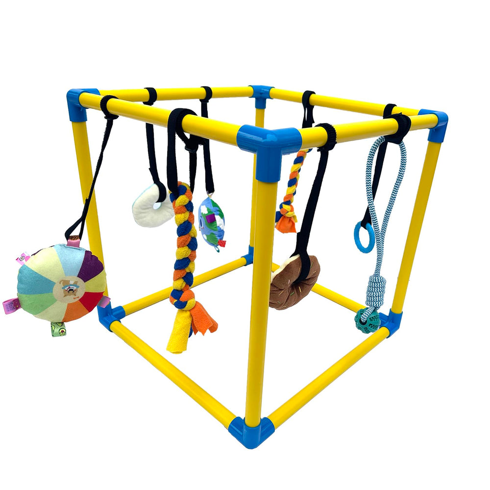 Dewonch Puppy Play Gym front view with eight hanging toys for enrichment.