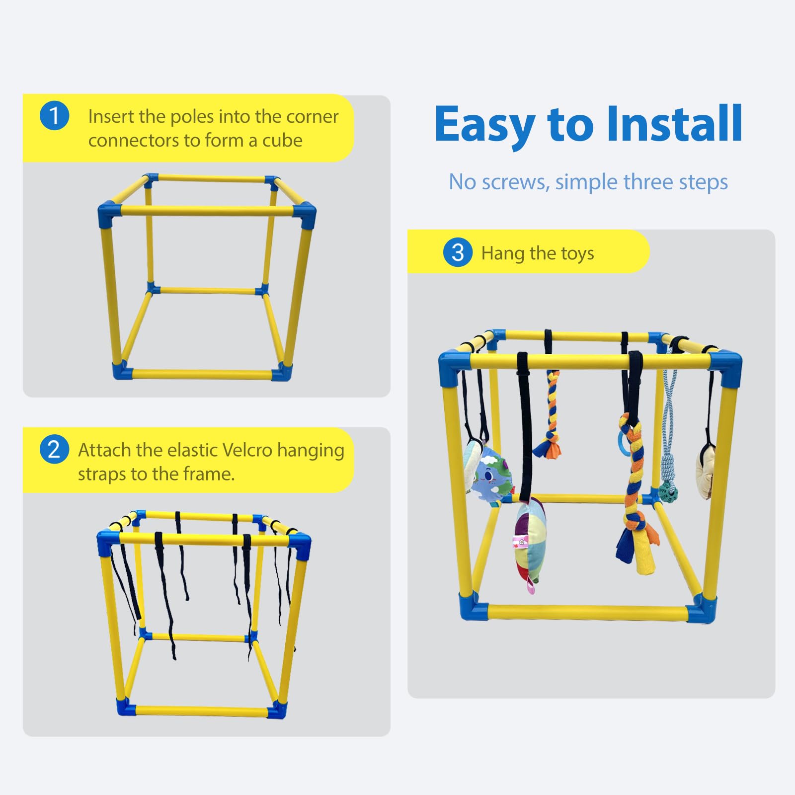 Dewonch Puppy Play Gym safety details highlight rounded PVC edges.