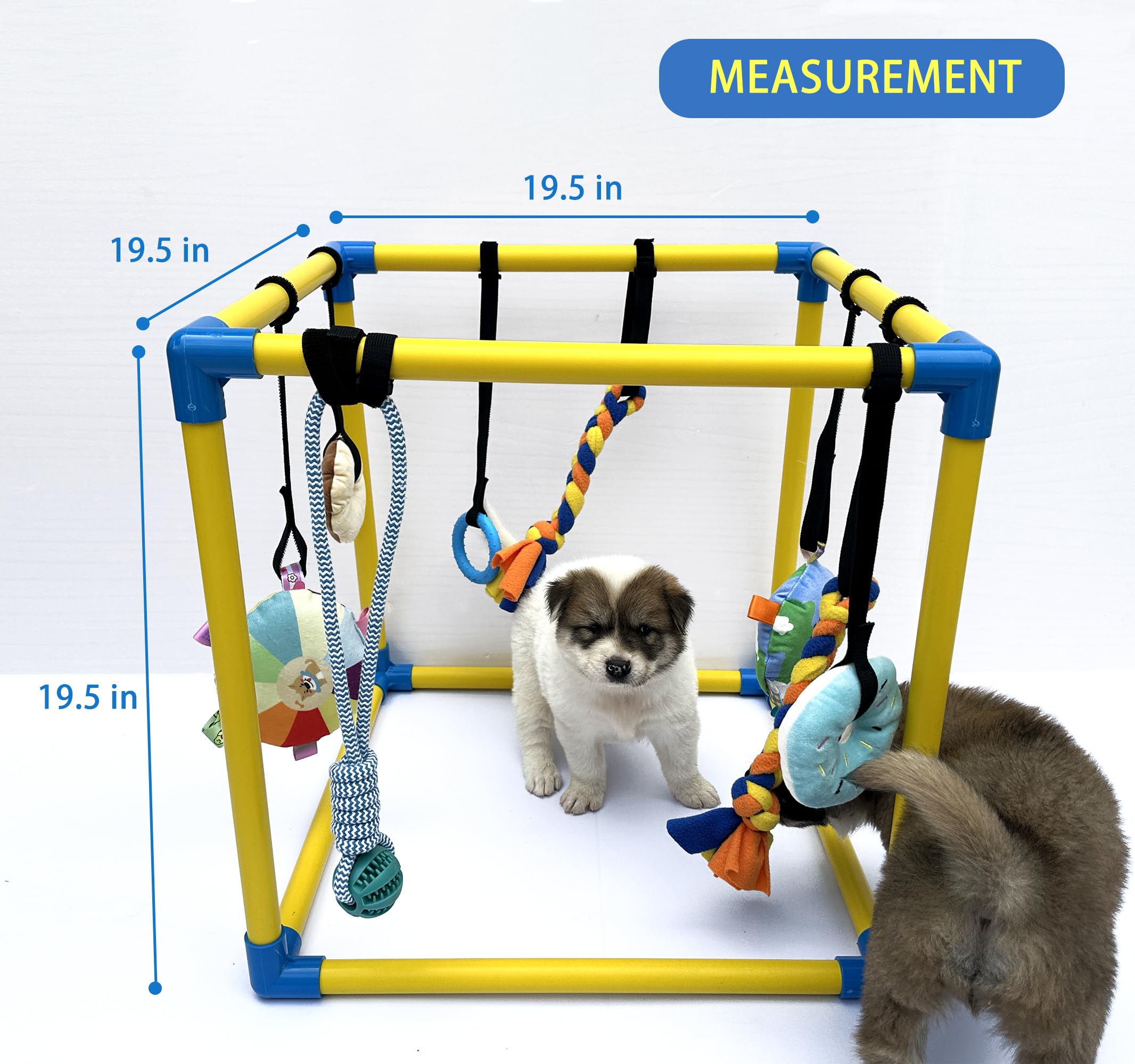 Dewonch Puppy Play Gym side view showing adjustable bungee straps for safe independent play.