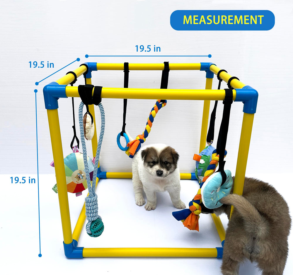 Dewonch Puppy Play Gym side view showing adjustable bungee straps for safe independent play.