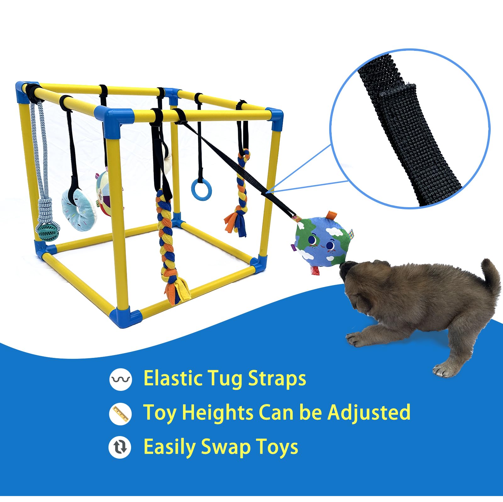 Dewonch Puppy Play Gym toy close-up featuring fleece tug ropes and squeaky toys.