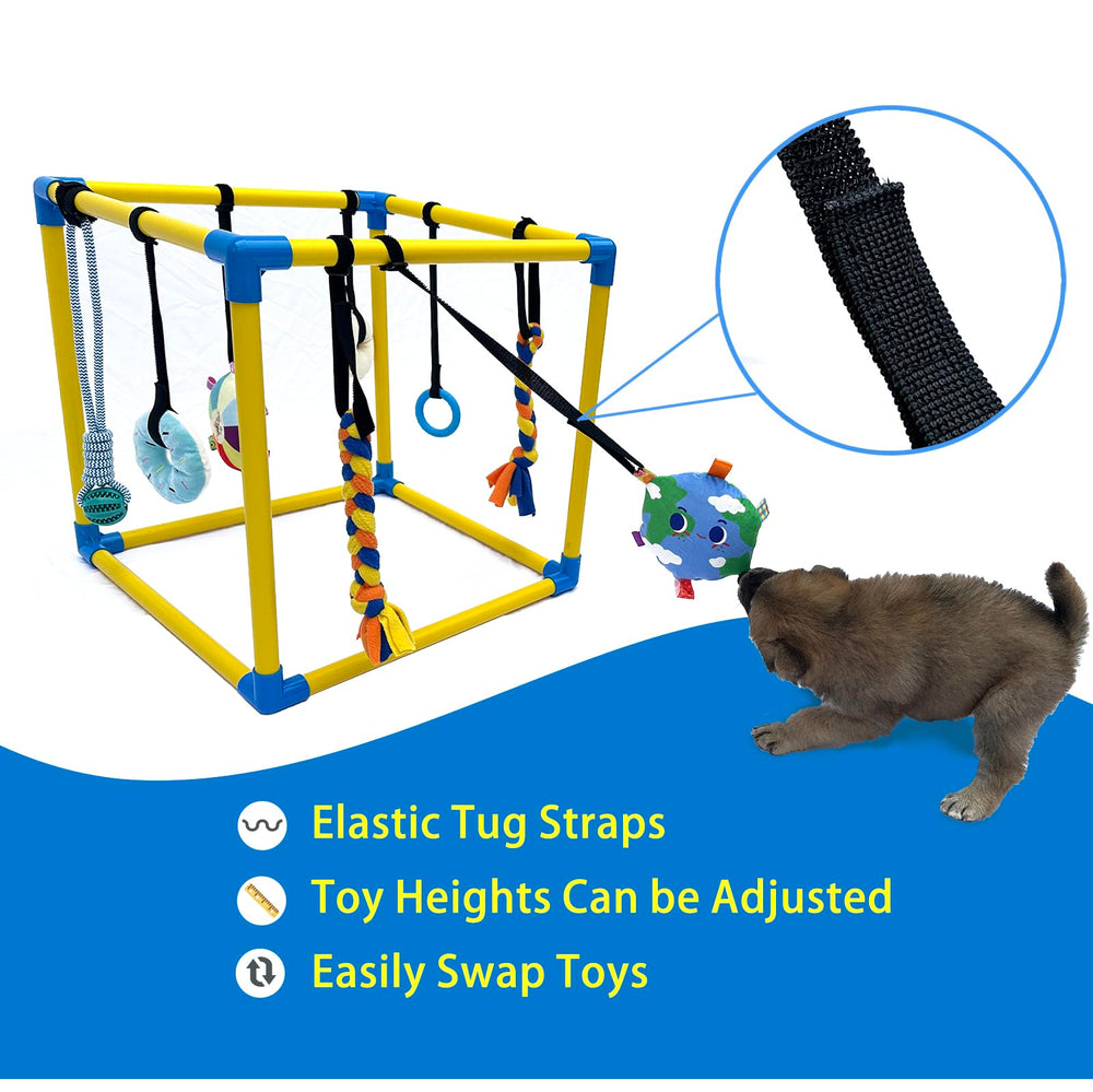 Dewonch Puppy Play Gym toy close-up featuring fleece tug ropes and squeaky toys.