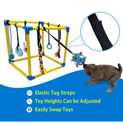 Dewonch Puppy Play Gym toy close-up featuring fleece tug ropes and squeaky toys.