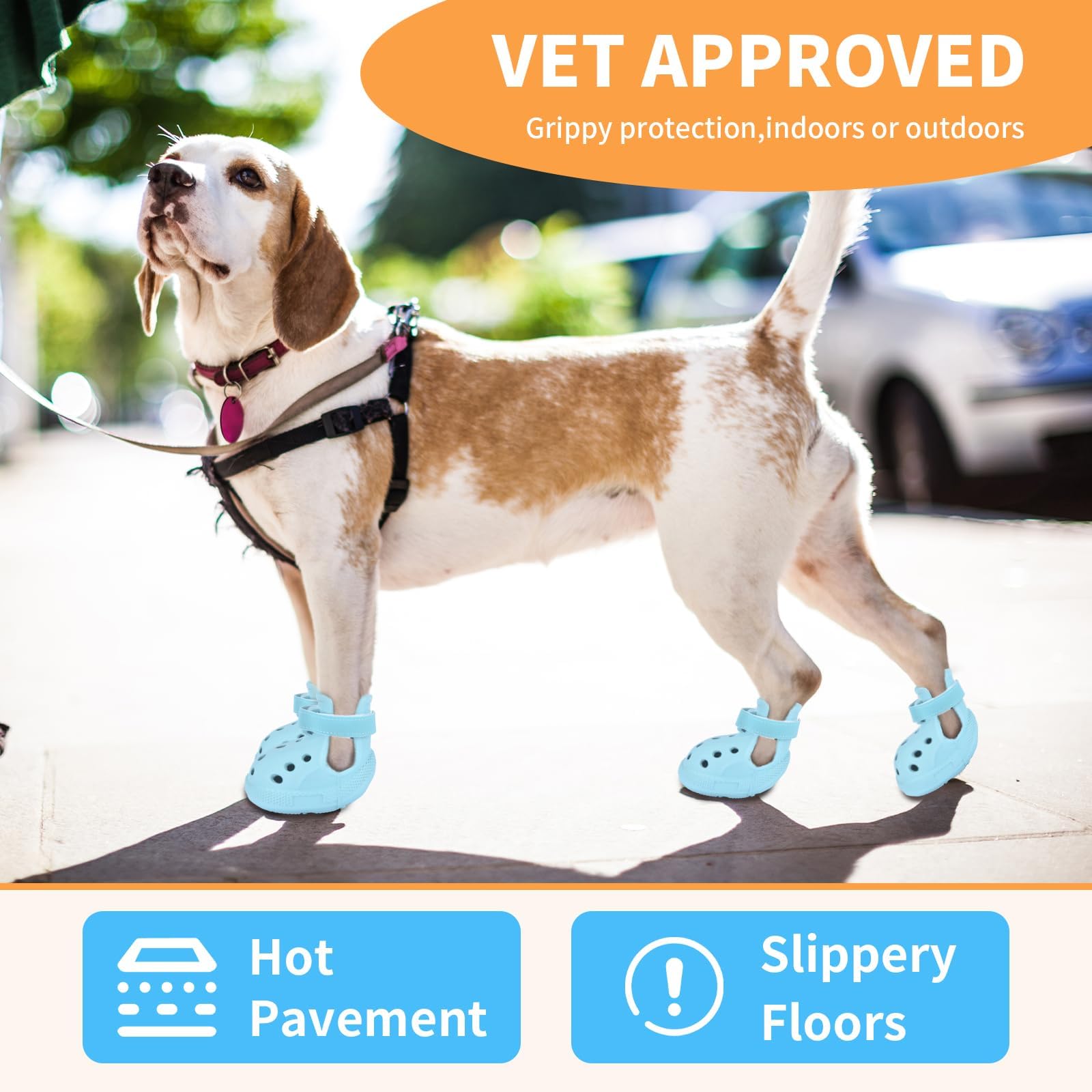 DEWVIE dog shoes blue sole-traction provide anti-slip grip on slick surfaces.