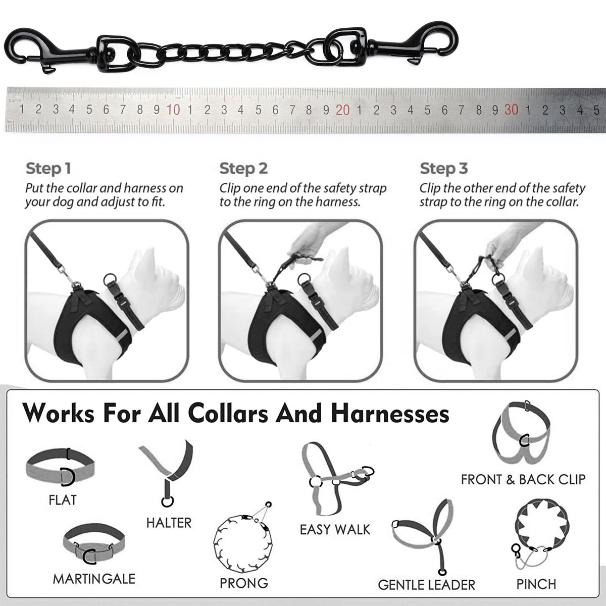 DEYACE metal dog collar safety clip 10inch closeup demonstrates durable backup for harness connections