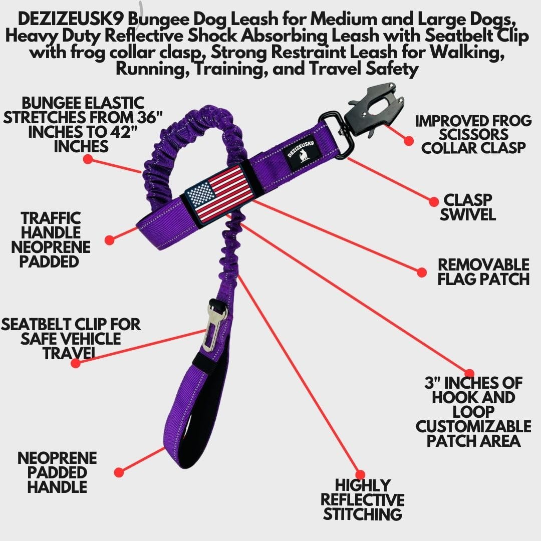 DEZIZEUSK9 heavy-duty bungee leash with frog clip for secure attachment on powerful pullers.
