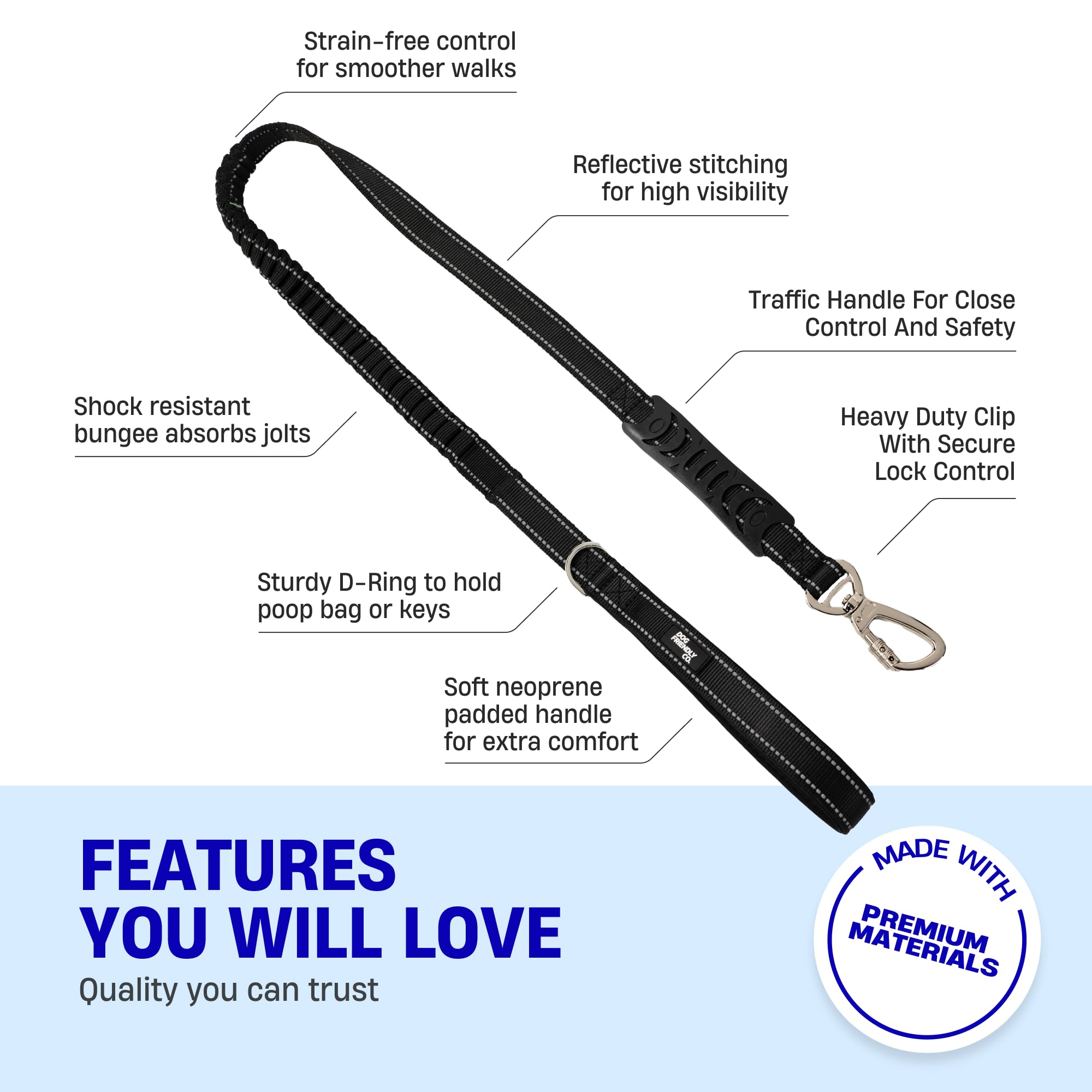 DF Co Bungee Leash neoprene handle delivers cushioned grip during longer strolls.