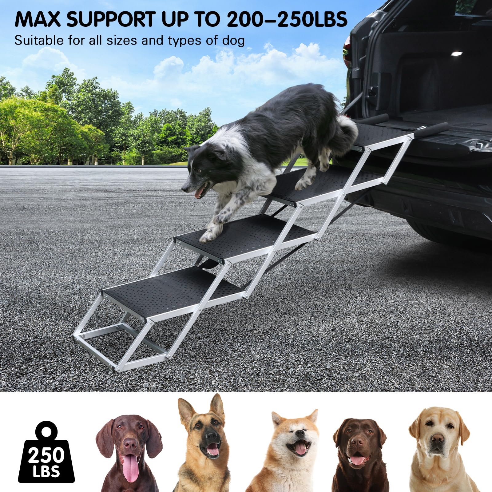DGSL dog ramp aluminum frame emphasizes durability and lightweight handling