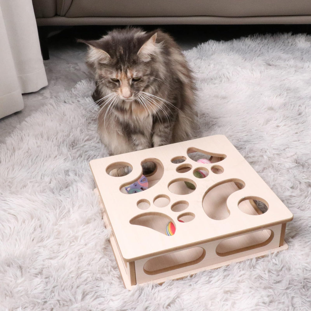 DI BI GRAMAS Cat Interactive Box Puzzle Toy easy-clean wood surface for quick maintenance