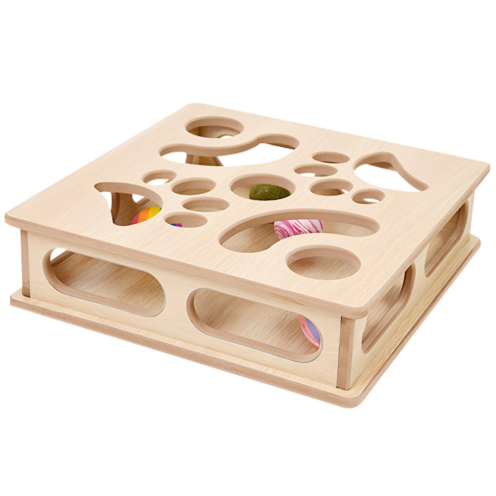 DI BI GRAMAS Cat Interactive Box Puzzle Toy top view shows the wooden puzzle for indoor stimulation