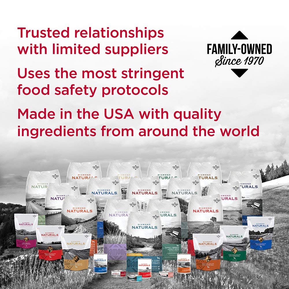 Diamond Naturals Chicken Dinner Can packaging display emphasizes family-owned USA-made quality