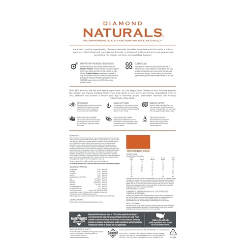 Diamond Naturals real cage-free chicken ingredient label highlights high-quality protein