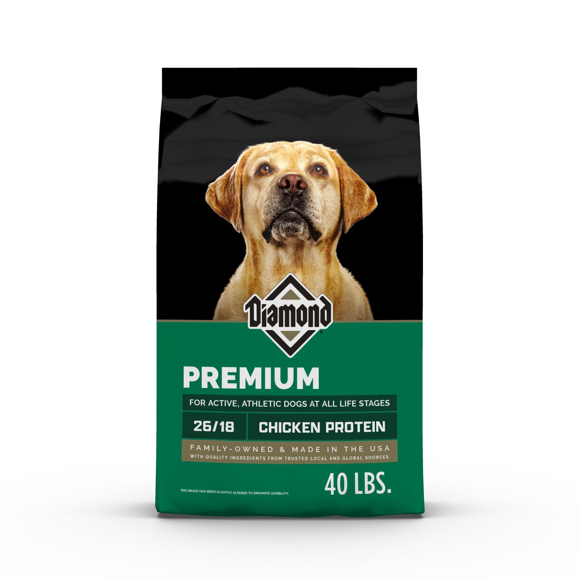 Diamond Premium all life stages dry dog food bag showing 40lb energy support