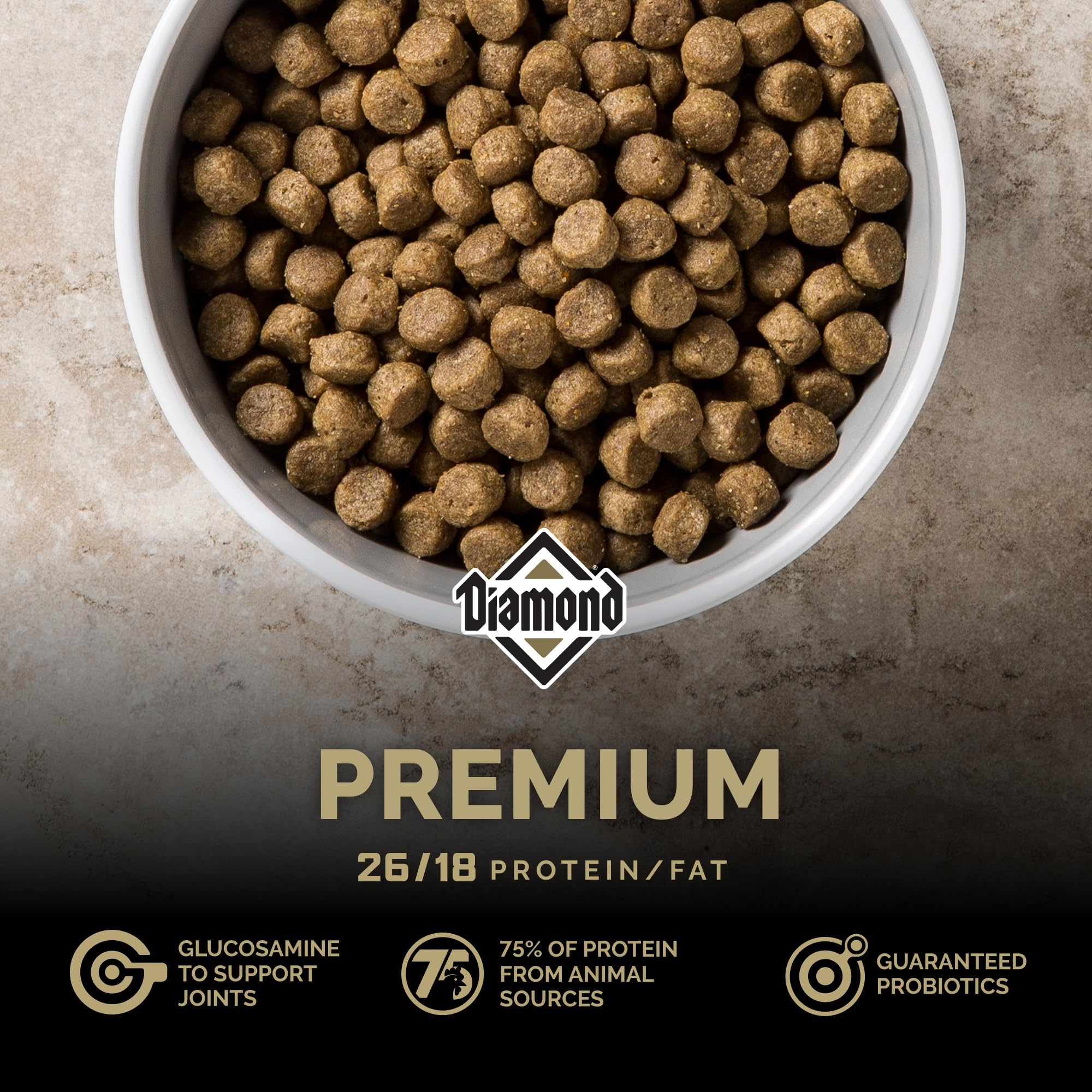Diamond Premium meal being served showing balanced nutrition for active dogs