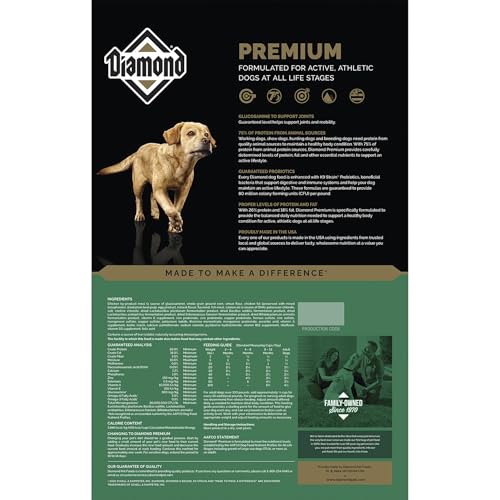 Diamond Premium kibble close-up highlighting protein quality for lean muscles