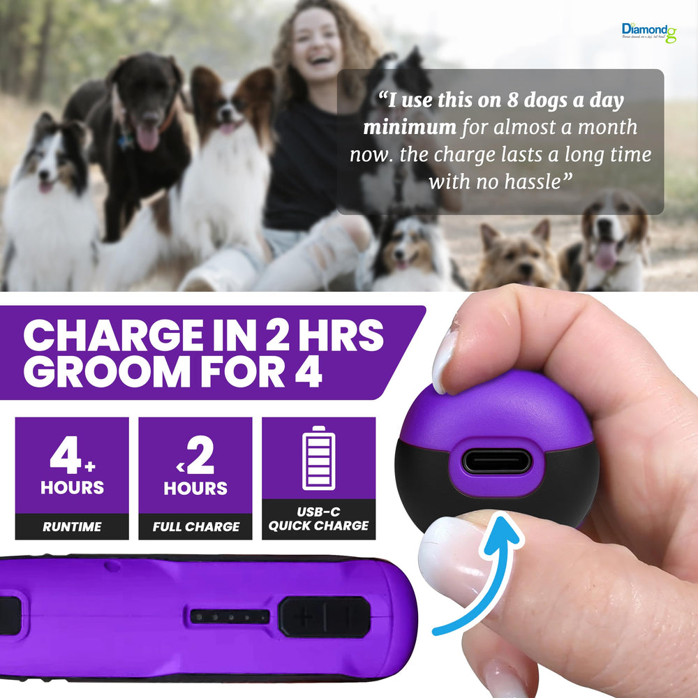 Diamondg cordless dog nail grinder shows 4-hour runtime on battery for longer sessions