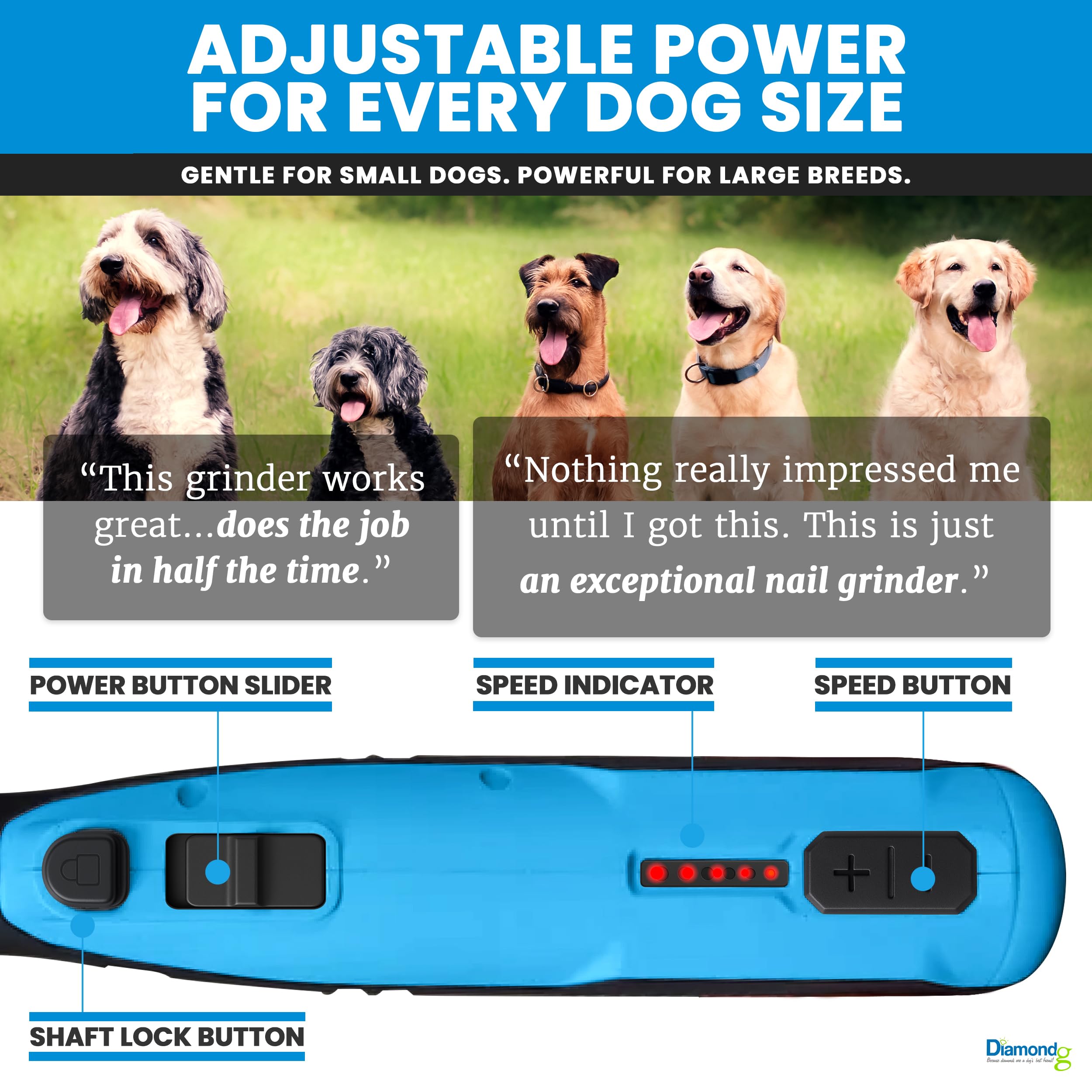 Diamondg cordless dog nail grinder high-torque DC motor provides smooth grinding.