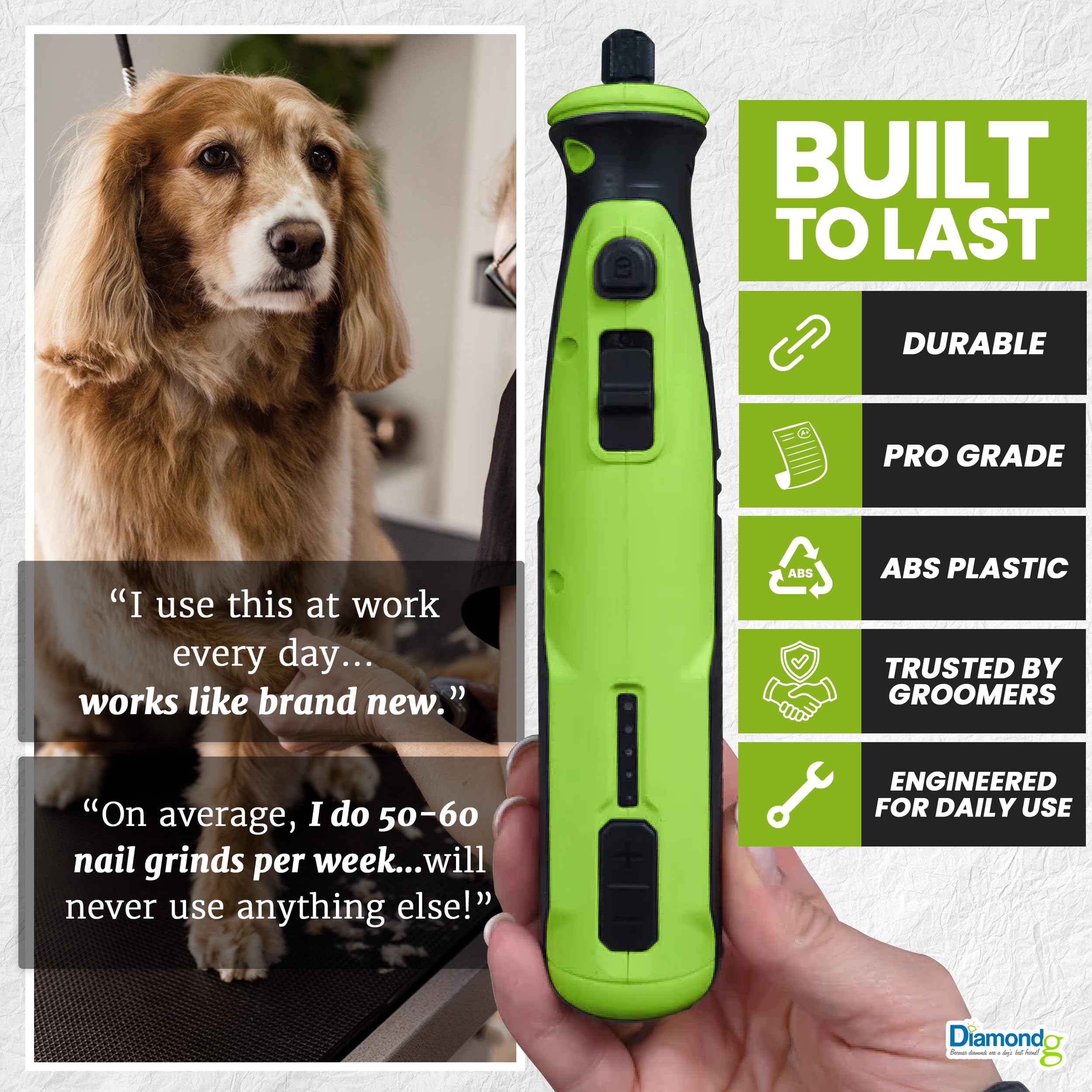 Diamondg ergonomic grip image highlights comfortable trimming at any angle.