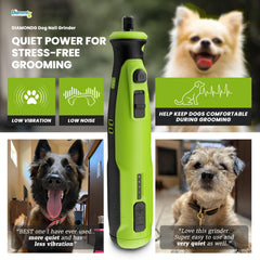Diamondg quiet-operation nail grinder highlights calm dogs during trimming and steady control.