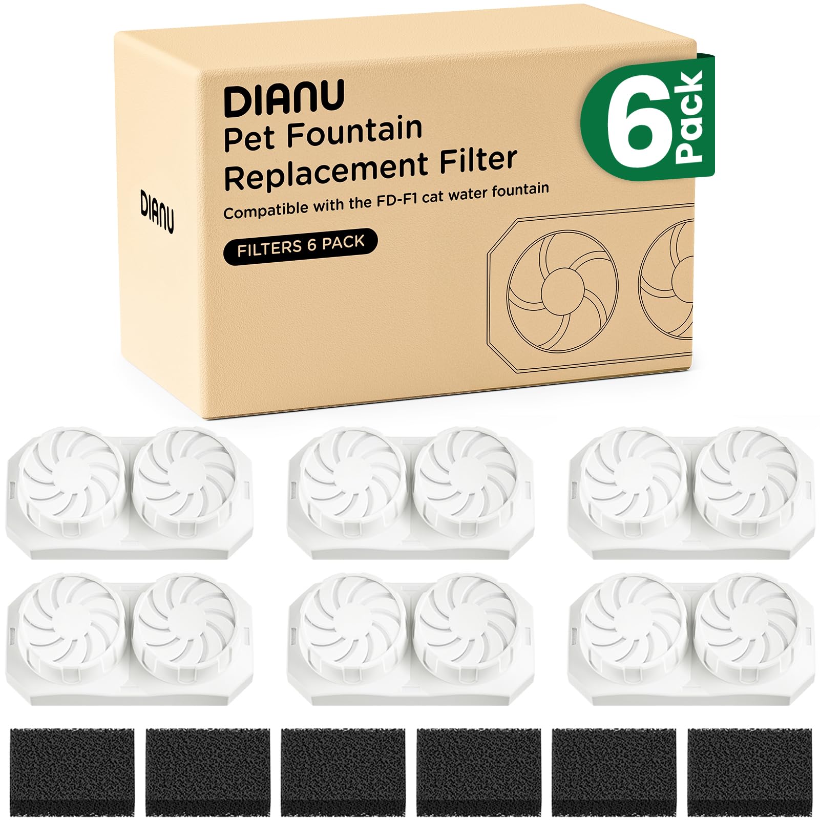 DIANU cat fountain replacement filter 6-pack improves water freshness