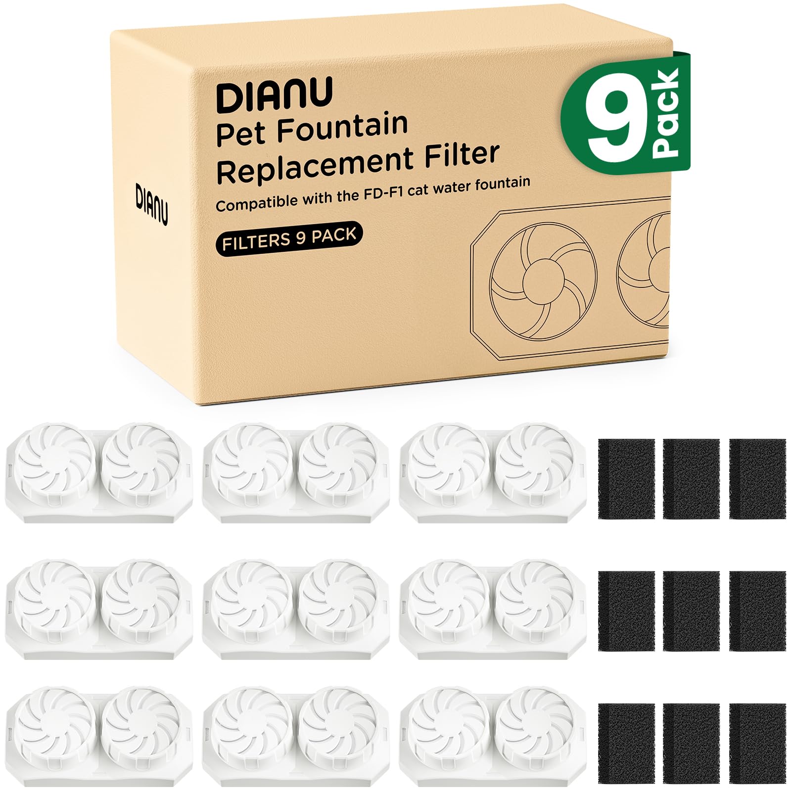 DIANU fountain filters 9-pack ready for quick replacement and fresher-tasting water.
