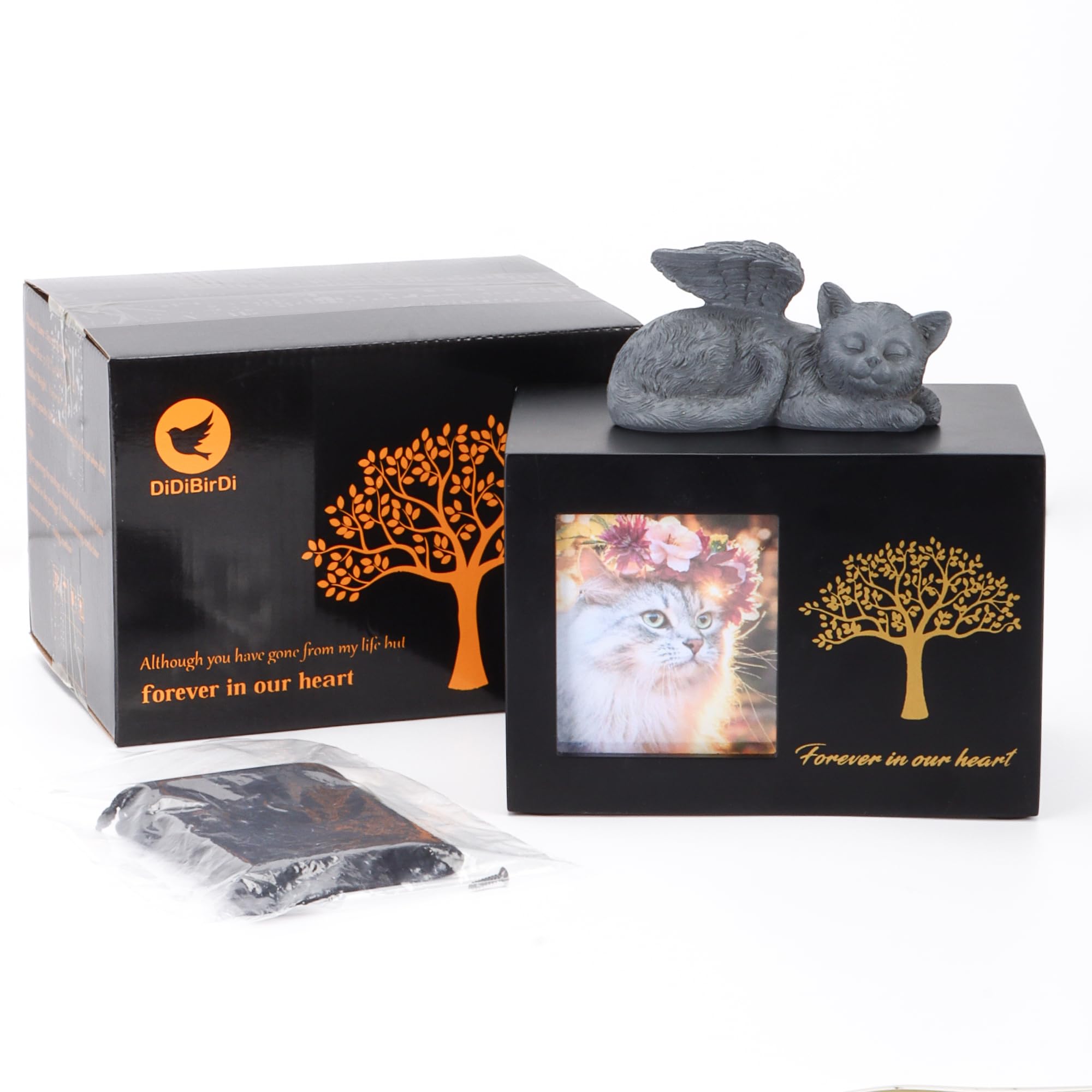 DiDiBirDi Cat Urn Durable Wood construction offers long-lasting memorial potential.