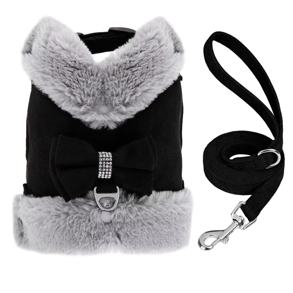 Didog small dog harness with bow tie, black, front view for stylish, safe walks.