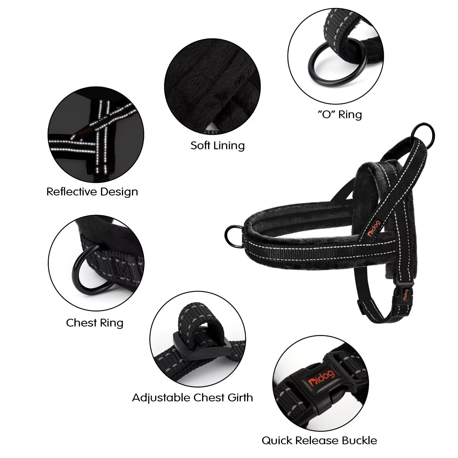Didog quick-fit harness clip for easy on-off during walks.