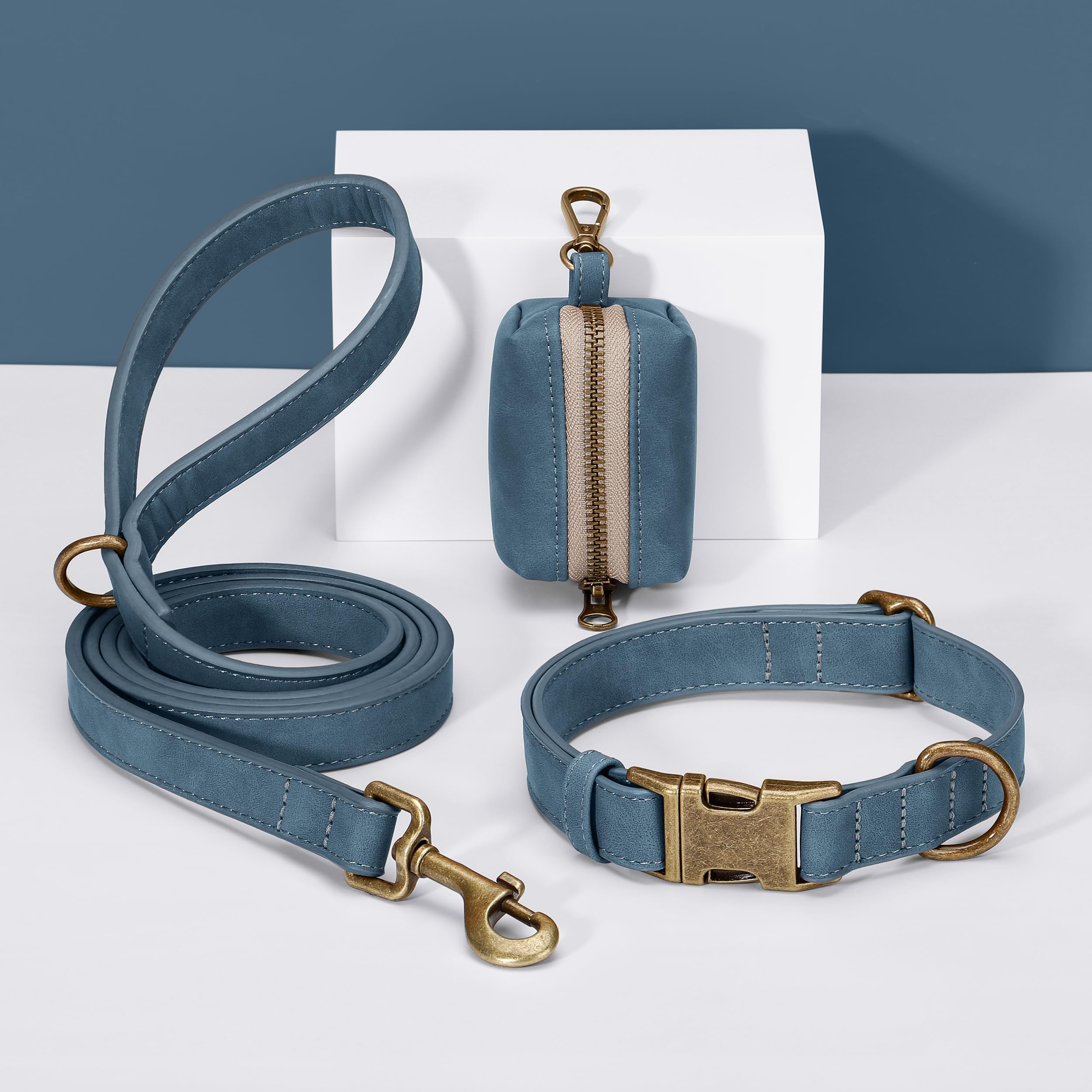 Didog soft PU leather dog collar blue material texture macro view conveys durability and smooth feel